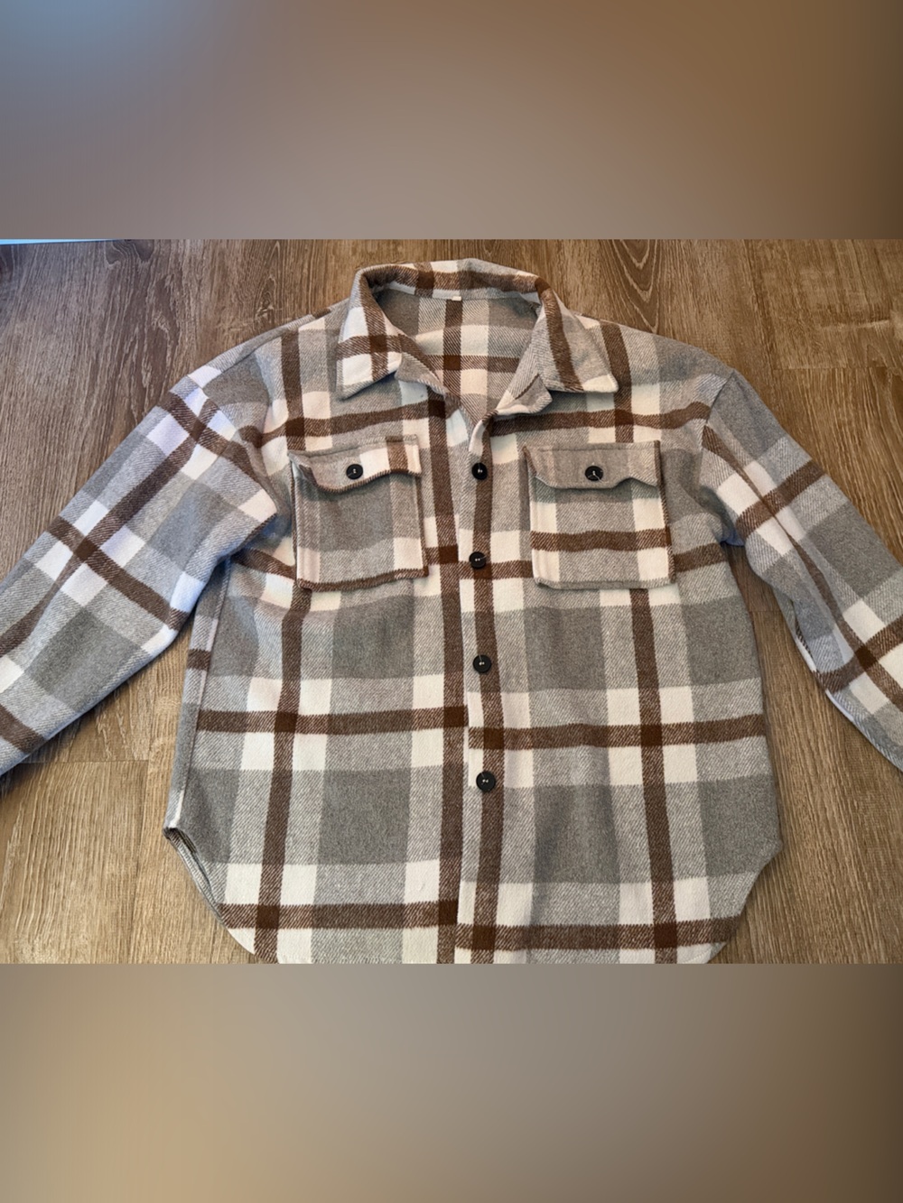 Cozy Plaid Button-Up Shacket in Gray, Cream & Brown